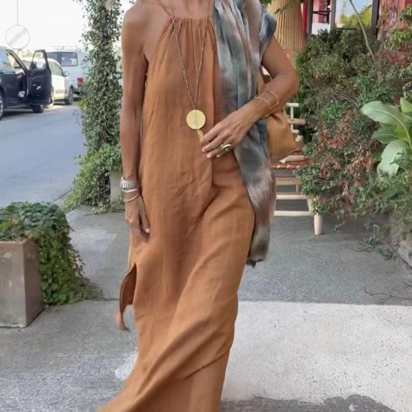 Robe longue en lin à bretelles spaghetti Camille