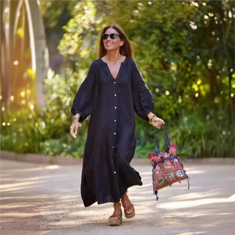 Robe longue en lin Noa à manches ballon