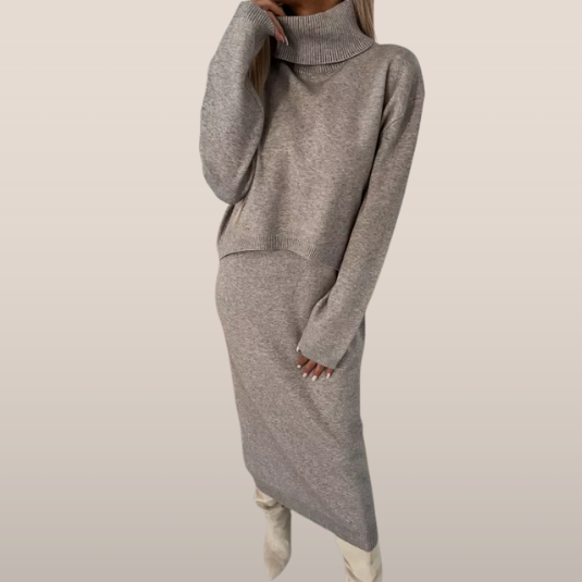 Ensemble tricoté à col roulé – Jupe midi et pull