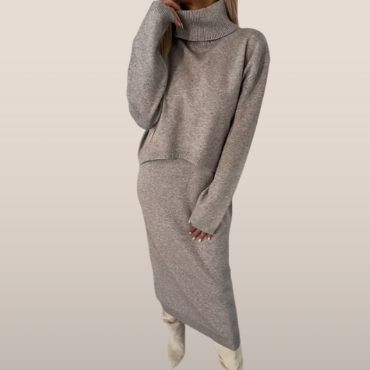 Ensemble tricoté à col roulé – Jupe midi et pull