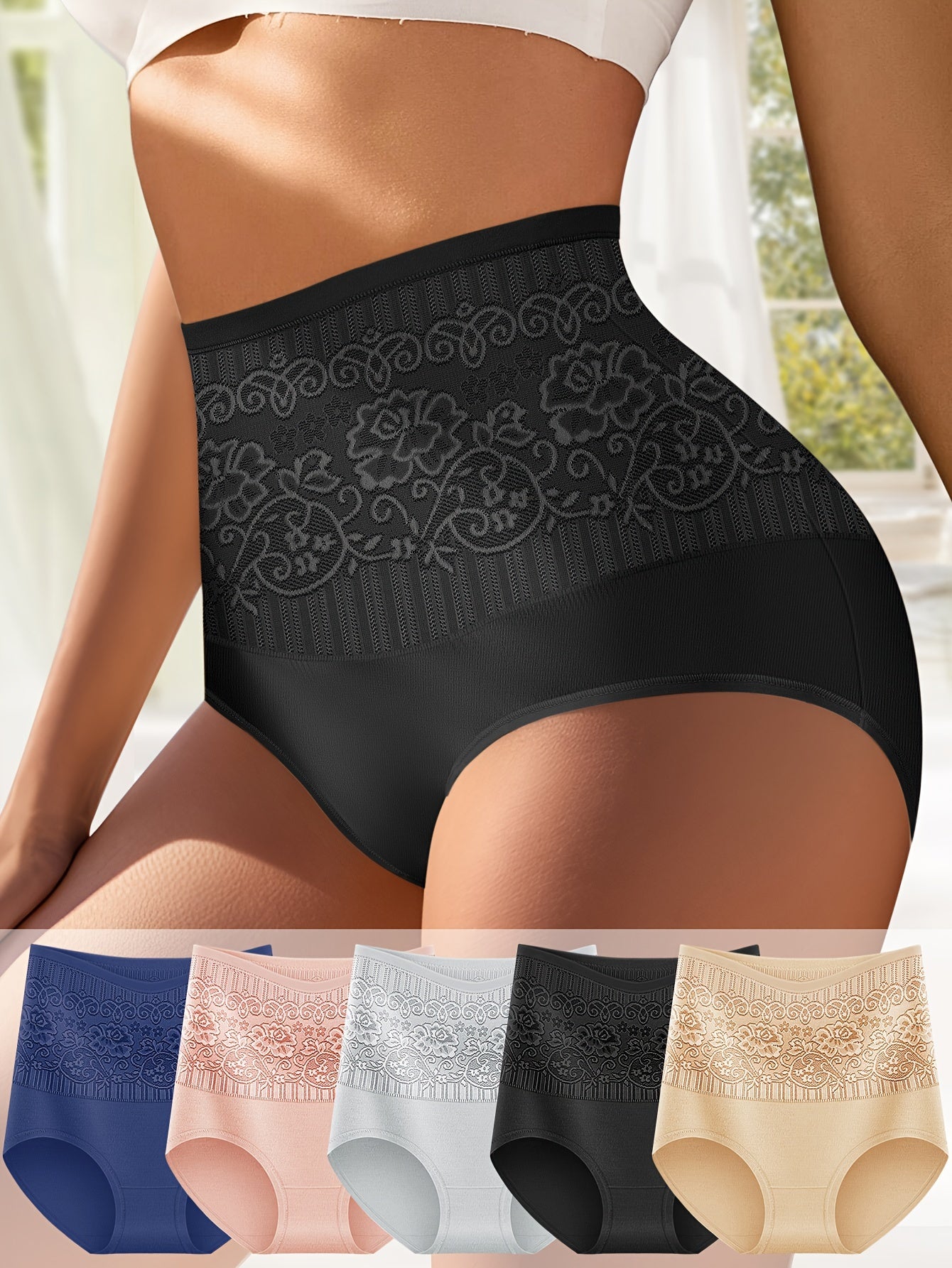 5-Pack CurveLuxe™ Culottes Sculptantes avec Dentelle – Taille Haute & Maintien Confort
