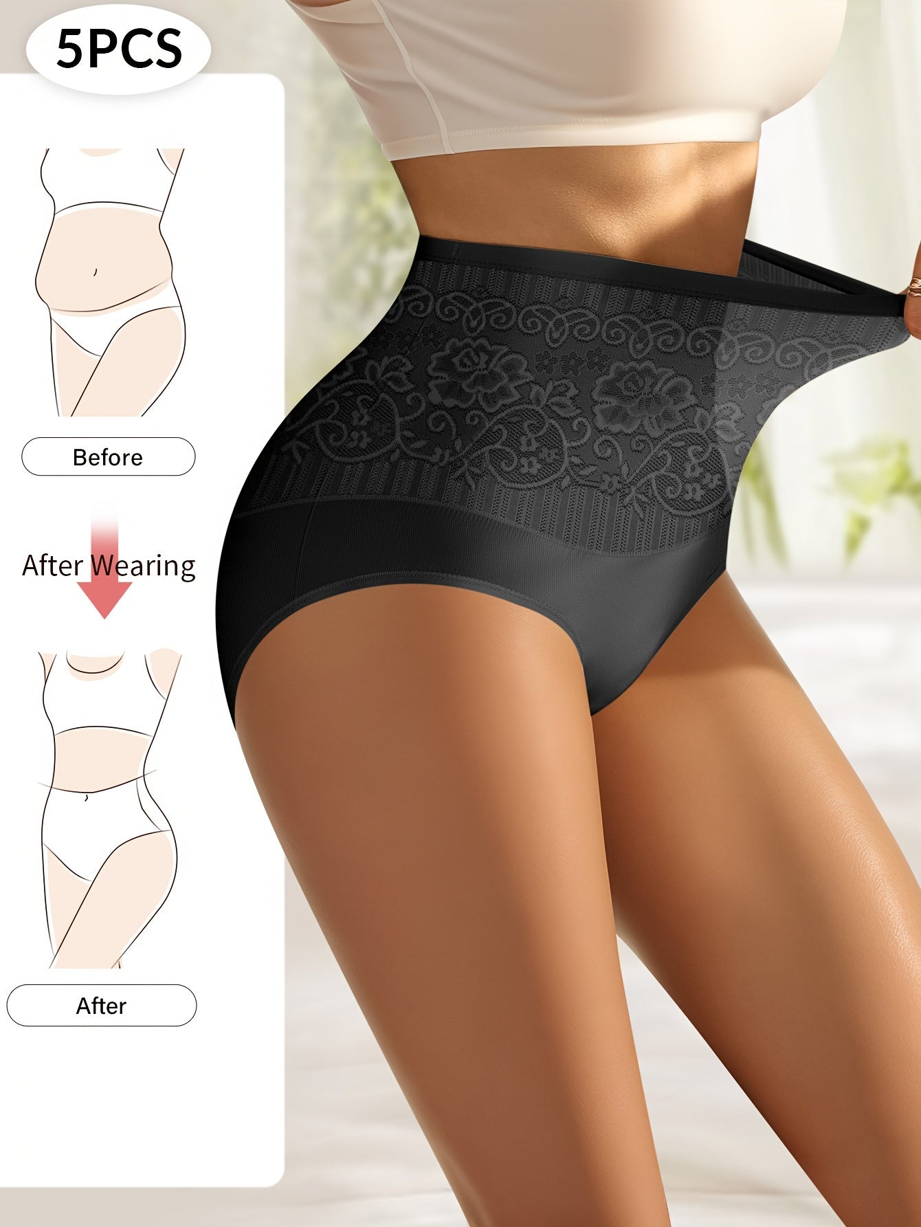 5-Pack CurveLuxe™ Culottes Sculptantes avec Dentelle – Taille Haute & Maintien Confort