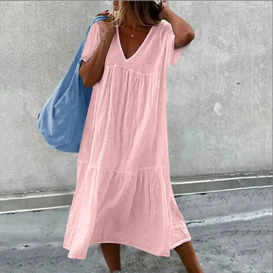 Robe d'été mi-longue en lin rose 
