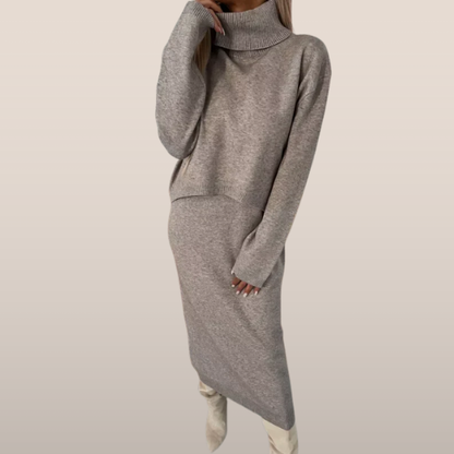 Ensemble tricoté à col roulé – Jupe midi et pull 